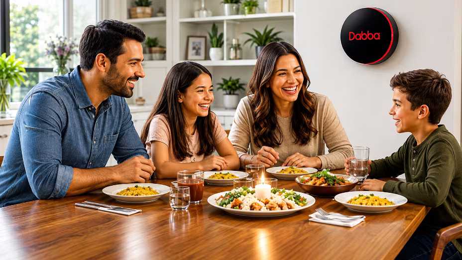 Family gathered around the dinner table with the Dabba Button on the wall
